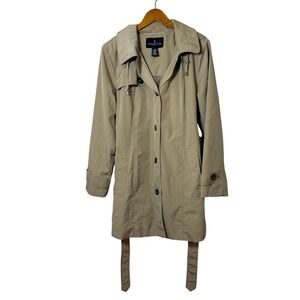 London Fog Women Trench Coat L British Khaki Hooded Belted Classic Professional